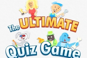 Hình ảnh có các nhân vật hoạt hình vui nhộn bên cạnh dòng chữ nổi bật The Ultimate Quiz Game