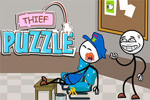 Một nhân vật đang cười đứng cạnh cảnh sát đang ngủ say trên ghế, với từ Thief Puzzle hiển thị bên cạnh