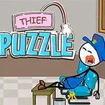 Một nhân vật đang cười đứng cạnh cảnh sát đang ngủ say trên ghế, với từ Thief Puzzle hiển thị bên cạnh