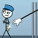 Nhân vật hoạt hình đội mũ xanh đi ngang qua khi có một bàn tay vươn ra từ song sắt để lấy chìa khóa