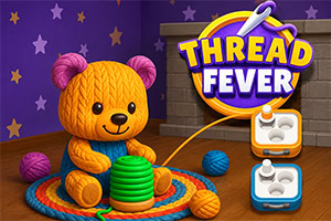 Gấu bông màu cam đan len bên cuộn chỉ xanh, với logo THREAD FEVER và hai biểu tượng máy may trên nền tường gạch