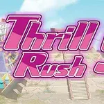 Dòng chữ Thrill Rush 5 màu hồng trên nền cảnh quan công viên giải trí với vòng đu quay và cầu thang