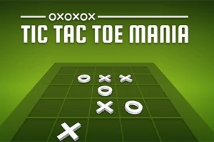 Hình ảnh có nền màu xanh lá với tiêu đề Tic Tac Toe Mania và lưới trò chơi với các ký hiệu X và O