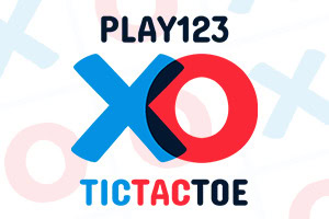 Logo chữ PLAY123 phía trên, biểu tượng X màu xanh và O màu đỏ ở giữa, kèm dòng chữ TIC TAC TOE phía dưới trên nền trắng có họa tiết mờ