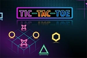 Hình ảnh có các ký hiệu hình học phát sáng với nền tối, bao gồm chữ TIC-TAC-TOE và các hình như vòng tròn, chữ X, tam giác và ngũ giác