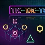 Hình ảnh có các ký hiệu hình học phát sáng với nền tối, bao gồm chữ TIC-TAC-TOE và các hình như vòng tròn, chữ X, tam giác và ngũ giác