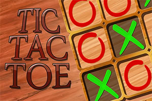 Hình ảnh có dòng chữ TIC TAC TOE màu nâu đậm bên trái và lưới gỗ với các ký hiệu X và O ở bên phải