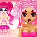 Ba nhân vật hoạt hình với mái tóc sắc màu và trang phục thời trang đứng trên nền hồng