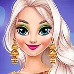 Một nhân vật hoạt hình nữ với mái tóc bạch kim, trang điểm mắt màu xanh lá cây, đeo bông tai vàng lớn trên nền xanh với hình trái tim