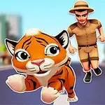 Một chú hổ hoạt hình đang chạy trên đường với một người đàn ông đội mũ đứng sau