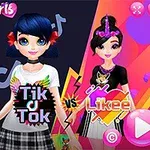 Hai nhân vật hoạt hình đứng cạnh nhau với phong cách thời trang khác biệt, một bên với áo Tik Tok và bên kia với áo Likee, nền có màu sắc tươi sáng và nút bấm lớn màu hồng
