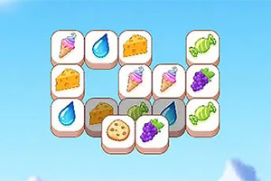 Các ô gạch xếp hình với biểu tượng đồ ăn và đồ uống như bánh, nước, kem, nho và kẹo trên nền trời xanh