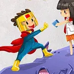 Hai nhân vật hoạt hình vui vẻ đứng trên một tảng đá màu tím, một người mặc trang phục siêu anh hùng và người kia đưa một tấm thẻ