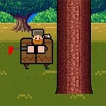 Một nhân vật pixel đang đốn cây giữa khung cảnh rừng cây xanh