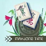 Hai quân bài với hình minh họa trên nền hoa văn và cụm từ Mahjong Time