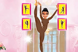 Một nhân vật nữ trong trang phục múa màu nâu đang thực hiện động tác ballet với chân nâng cao, xung quanh là bốn bức tranh màu vàng hồng có hình dáng vũ công