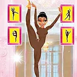Một nhân vật nữ trong trang phục múa màu nâu đang thực hiện động tác ballet với chân nâng cao, xung quanh là bốn bức tranh màu vàng hồng có hình dáng vũ công