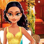 Người phụ nữ tóc đen mặc áo vàng ngồi trên ghế trong phòng với kệ đựng đồ trang điểm