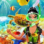 Một người thợ lặn mặc đồ ngụy trang, đeo kính bơi ở dưới đại dương cùng rùa biển, sứa và nhiều loài cá đầy màu sắc