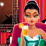 Người phụ nữ với kiểu tóc búi, mặc váy lấp lánh màu xanh, đang uống nước cam qua ống hút trên nền không gian nội thất sang trọng