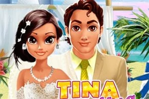 Cô dâu chú rể hoạt hình đứng cạnh nhau trong trang phục cưới với phông nền bãi biển nhiệt đới
