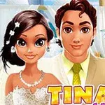 Cô dâu chú rể hoạt hình đứng cạnh nhau trong trang phục cưới với phông nền bãi biển nhiệt đới