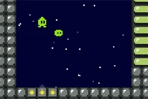 Hai nhân vật pixel xanh lá nổi trên nền trời đầy sao, bao quanh bởi bức tường xám và thanh xanh lá