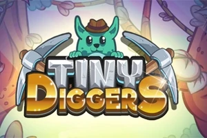 Hình minh họa có một sinh vật màu xanh đeo mũ với hai chiếc cuốc, phía trên chữ Tiny Diggers xuất hiện giữa cảnh nền rừng cây