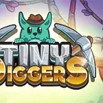 Hình minh họa có một sinh vật màu xanh đeo mũ với hai chiếc cuốc, phía trên chữ Tiny Diggers xuất hiện giữa cảnh nền rừng cây