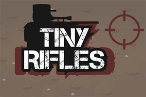 Hình vẽ một người lính bắn tỉa đen trên nền xám, bên cạnh là chữ Tiny Rifles và biểu tượng tâm ngắm màu đỏ