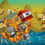 Hộp TNT phát nổ bên cạnh các thùng gỗ và khối kim loại trên nền cảnh núi và biển