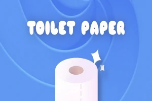 Cuộn giấy vệ sinh trắng nằm trên nền xanh với chữ TOILET PAPER phía trên