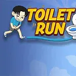 Một nhân vật hoạt hình nam chạy đến nhà vệ sinh bên cạnh chữ TOILET RUN trên nền xanh