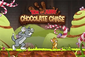 Chú mèo và chú chuột đang đuổi bắt nhau trong một khung cảnh đầy bánh kẹo và socola