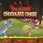 Chú mèo và chú chuột đang đuổi bắt nhau trong một khung cảnh đầy bánh kẹo và socola