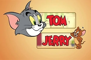 Đầu mèo xám và chuột nâu đứng cạnh tên Tom and Jerry trên nền màu vàng cam
