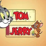 Đầu mèo xám và chuột nâu đứng cạnh tên Tom and Jerry trên nền màu vàng cam