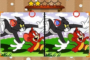 Tom và Jerry đang chạy trong hai bức tranh khác biệt với các vòng tròn đỏ chỉ ra sự khác nhau