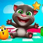 Một chú mèo hoạt hình vui vẻ ngồi trên thảm xanh với ba ngôi sao vàng trên nền trời xanh, bên cạnh là các nhân vật hoạt hình màu sắc sặc sỡ