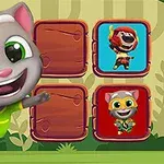 Một chú mèo hoạt hình vui vẻ với đôi mắt to đứng cạnh các ô vuông gỗ có hình ảnh của nhân vật khác bên trong