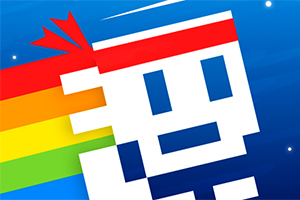 Hình ảnh một nhân vật pixel đeo băng đỏ trên đầu với nền cầu vồng và bầu trời xanh