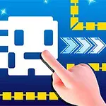 Hình ảnh có nền xanh lam với một biểu tượng hình vuông màu trắng có gương mặt và các lối đi màu vàng, cùng một ngón tay đang chạm vào biểu tượng