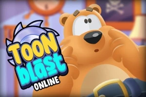 Gấu hoạt hình với biểu cảm ngạc nhiên và dòng chữ Toon Blast Online