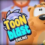Gấu hoạt hình với biểu cảm ngạc nhiên và dòng chữ Toon Blast Online