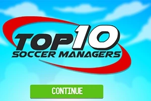 Hình ảnh logo với chữ Top 10 Soccer Managers trên nền bầu trời xanh và nút Continue màu xanh lá cây