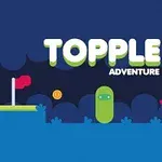 Hình ảnh có hình nền màu xanh đậm, chữ TOPPLE ADVENTURE lớn ở trên cùng, một nhân vật hình trụ màu xanh lá cây ở giữa, một đồng xu vàng và một nhân vật trong xe màu đỏ bên phải, với là cờ đỏ ở bên trái
