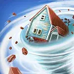 Một ngôi nhà màu xanh đang bị cuốn lên không trung trong cơn lốc xoáy, xung quanh là các viên gạch bay lơ lửng