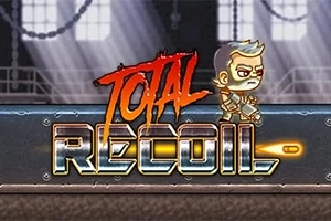 Một nhân vật hoạt hình cầm súng đứng trên logo Total Recoil với nền nhà máy tối
