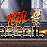Một nhân vật hoạt hình cầm súng đứng trên logo Total Recoil với nền nhà máy tối