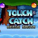 Ông già Noel đội mũ đỏ đứng cạnh cây thông, với dòng chữ Touch & Catch Being Santa bên cạnh